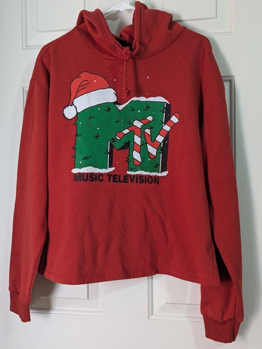 MTV Cropped Pullover Hoodie Womens Large Red Santa Christmas Holiday 80s Retro